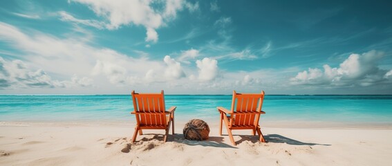 Fototapeta na wymiar Beach chairs on tropical sandy beach with turquoise ocean water