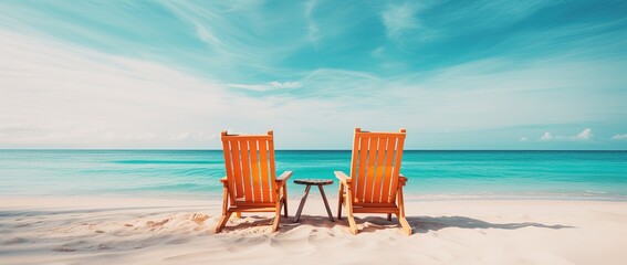 Beach chairs on tropical sandy beach with turquoise ocean water - obrazy, fototapety, plakaty