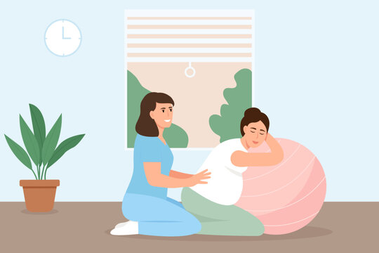 Pregnant woman preparing for childbirth with partner or doula. Birth positions for pregnant woman during birth pains, help methods for painless childbirth labor, on fitness ball.Vector illustration