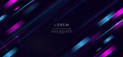 Abstract technology futuristic diagonal geometric blue and pink neon glowing and light lines effect on dark blue background. © Pramote