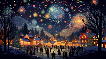 Fireworks in small town of north on Christmas night illustration. - obrazy, fototapety, plakaty