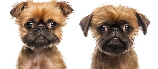 Before and after grooming a Brussels Griffon is seen alone on a white background