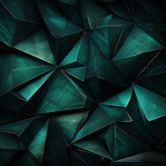 Black dark bottle green teal jade abstract background. Geometric shape. 3d effect. Triangle polygon line angle. Color gradient. Folded origami mosaic. Rough grain grungy. Brushed matte shimmer. Design