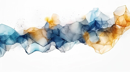 Mixed Abstract Art of Watercolor Blue and Gold Color Wavy and Curve Triangle Particles on White Background