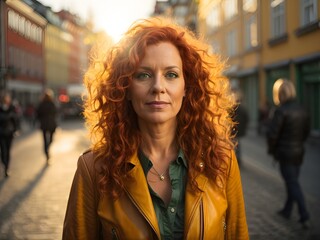 Obraz premium wide angle and full body portrait of attractive mature swedish female with long curly red hair and green eyes, wearing yellow leather Jacket during late autumn sunset. Generative AI.
