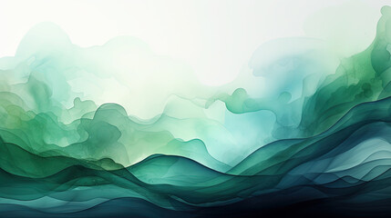 Contemporary Watercolor Oil Painting of Green Wavy and Curve Abstract on Black Background