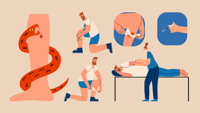 First aid for a poisonous snake bite set. Hand draw illustration