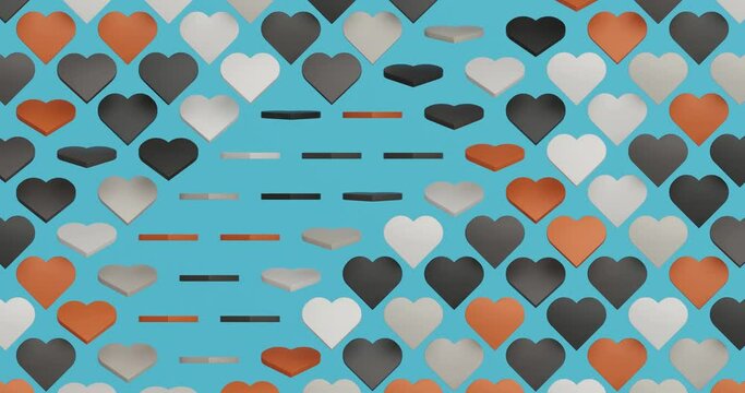 Motion graphics with rotating multicolored hearts on a blue background, abstract 4k video illustration, 3d rendering