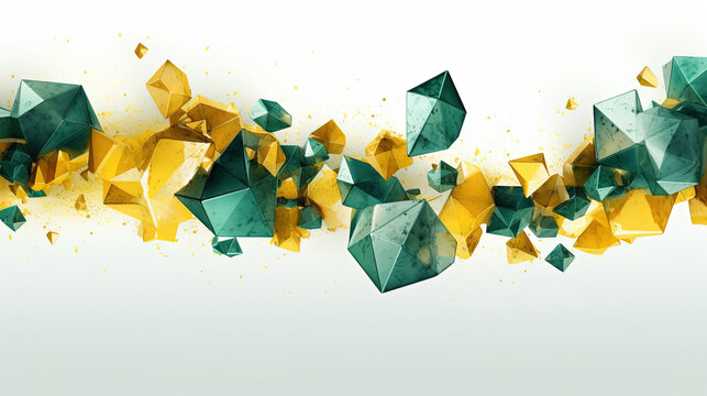 Mixed Abstract Art of Watercolor Green and Gold Color Wavy and Curve Triangle Particles on White Background
