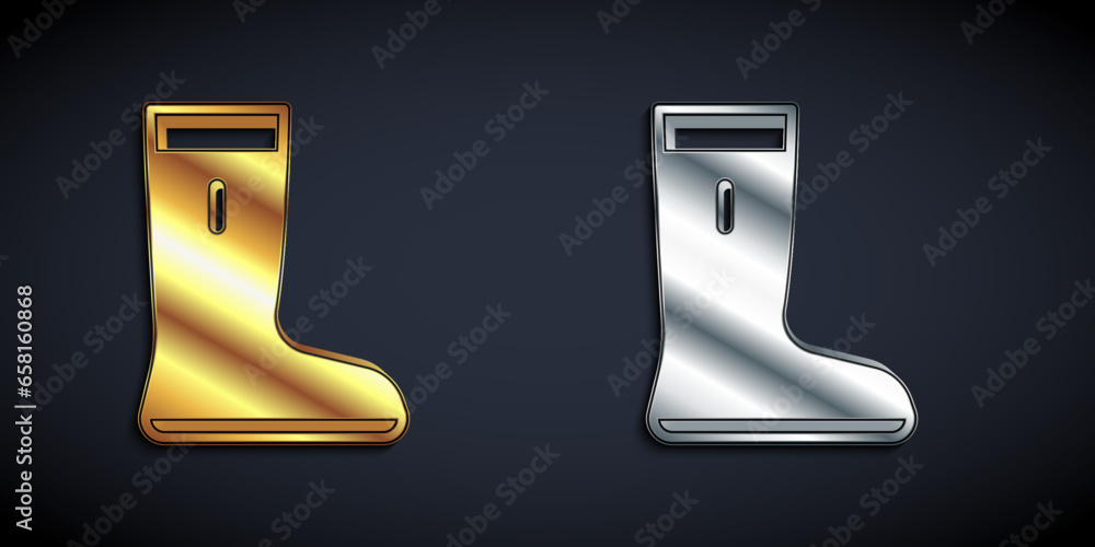 Poster Gold and silver Waterproof rubber boot icon isolated on black background. Gumboots for rainy weather, fishing, gardening. Long shadow style. Vector