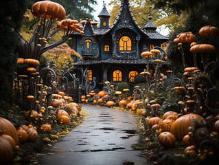 Creepy figures of jack-o'-lanterns for Halloween at night in the city