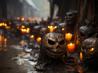 Creepy figures of jack-o'-lanterns for Halloween at night in the city