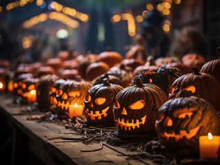 Creepy figures of jack-o'-lanterns for Halloween at night in the city