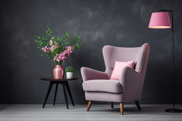 a pink chair standing on the carpet and under a lamp next to a table with flowers. ai generative