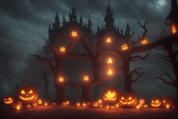a halloween scene with pumpkins and a castle
