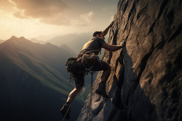 Strong man climbing on a mountain - obrazy, fototapety, plakaty