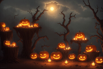 a group of carved pumpkins sitting on a stump in a gloomy mist
