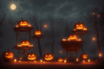 a group of pumpkins sitting in a basket in a mystery forest
