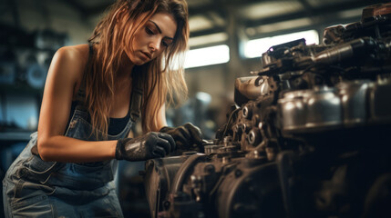 beautiful brunette is fixing a car in the garage - obrazy, fototapety, plakaty