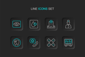 Naklejka premium Set line Monitor with cardiogram, Crossed bandage plaster, Emergency call 911, Tooth caries, Male doctor, Hospital building, Blood test and Red eye effect icon. Vector
