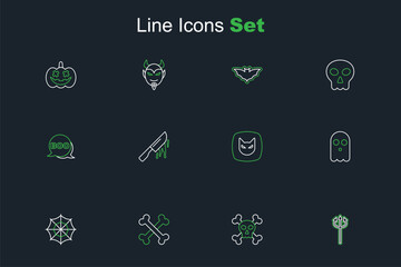 Set line Trident devil, Skull on crossbones, Crossed, Spider web, Ghost, Black cat, Bloody knife and Boo speech bubble icon. Vector