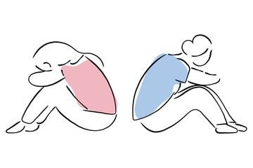 Hand drawn line art vector of a couple sad and depressed. Marital problems, relationship struggles and breakup