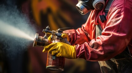 painter with a sprayer. he is wearing a protective uniform and mask - Powered by Adobe