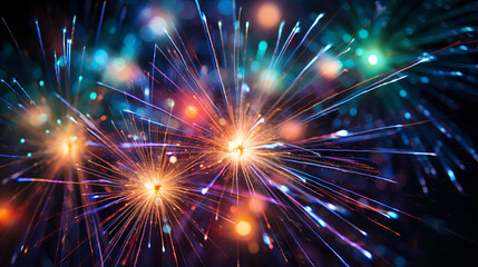 Fireworks, sparklers, bokeh lights on the dark blue night sky. new year background. ai generative