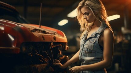 beautiful blond girl is working on a car in the garage