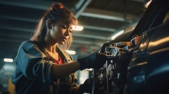 beautiful Asian looking young lady is working on the car engine in the garage