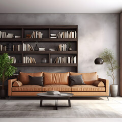 modern living room with fireplace, bookshelf