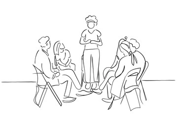 group of people. Hand-drawn line art vector of Group Psychotherapy Sessions. Psychology line art. Mental health and social bonds