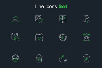 Set line Trash can, Electric car, Infectious waste, Hand holding Earth globe, World day, saving plug leaf, Calendar with autumn leaves and Shopping bag recycle icon. Vector