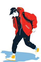 Hip hop dancer in a red jacket and cap. Vector illustration