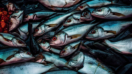 alot of sea Fish at the market, closeup, hyperealistic photography