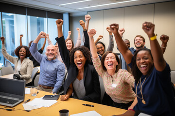 Unified Strength: Diverse Group of Coworkers Raising Hands in a Vibrant Team-Building Exercise