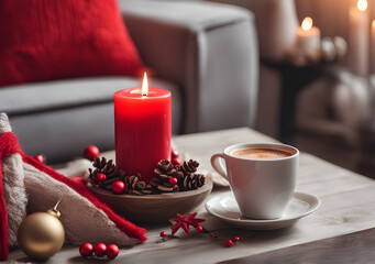 Obraz na płótnie Canvas Christmas or new year decoration with red candle and coffee . Living room interior and holiday home decor concept. Generative Ai