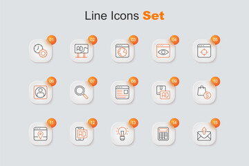 Set line Mail and e-mail, Calculator, Light bulb, Advertising, Infographic of city map, shopping bag dollar, and icon. Vector