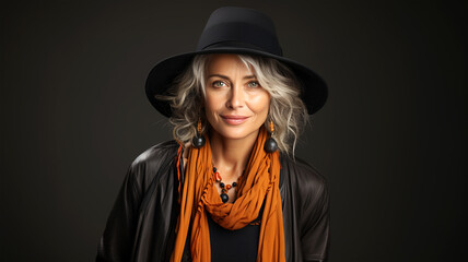 Fototapeta premium Autumn's Timeless Beauty: A Detailed Portrait of a Woman in Her Prime Embracing the Season's Colors