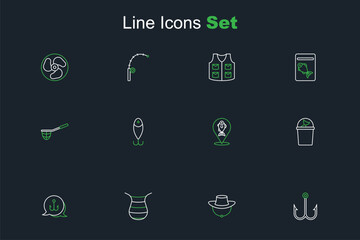 Set line Fish, Dried fish, Fishing net, hook, Fisherman hat, Location fishing, lure and icon. Vector