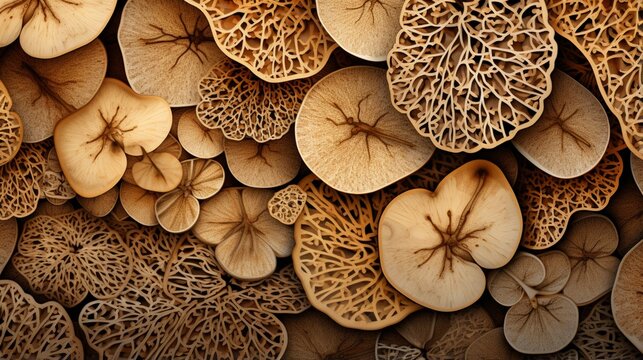 a close-up image of dried apple slices with intricate patterns and textures