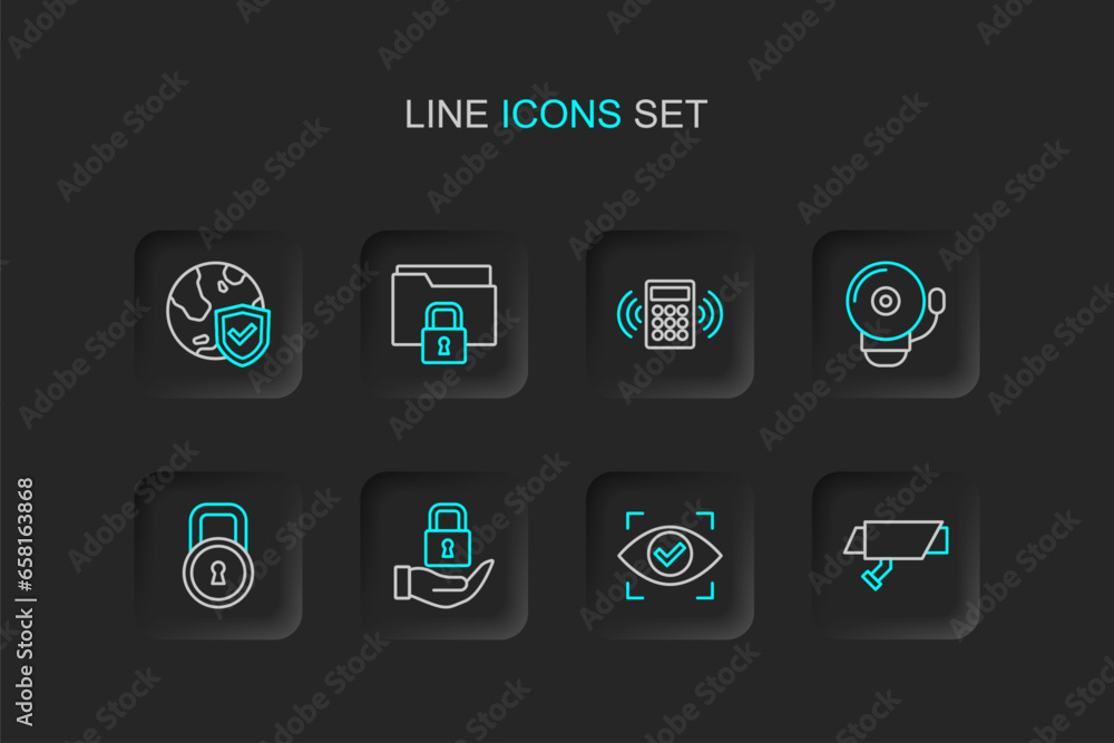 Sticker Set line Security camera, Eye scan, Lock, Ringing alarm bell, keypad access panel, Folder and lock and Shield with world globe icon. Vector