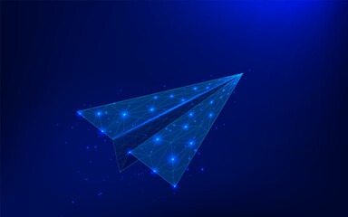Paper airplane style vector illustration. The structure of connecting lines and luminous dots. Abstract, hand-drawn triangles on a blue background.