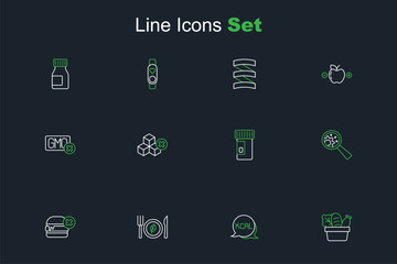Set line Shopping bag and food, Kcal, Vegan diet, No burger, GMO, Vitamins, sugar free and icon. Vector