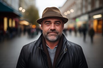 Portrait of a middle-aged man wearing a hat in the city
