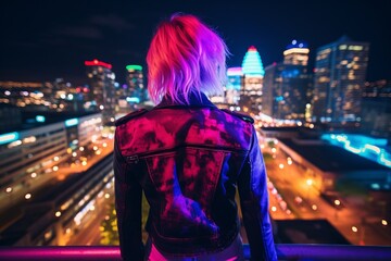 A chic urban explorer, draped in a rebel-styled leather jacket, perches atop a skyscraper, gazing over a sprawling, neon-lit metropolis, embodying vibrant, dynamic city life below.