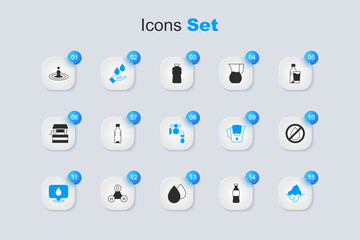 Set Bottle of water, Washing hands with soap, Water drop location, Iceberg, forbidden, and tap icon. Vector