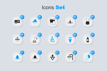 Set Shower, Water tap, Iceberg, drop, percentage, Bottle of water, Mobile tank and Big bottle with clean icon. Vector