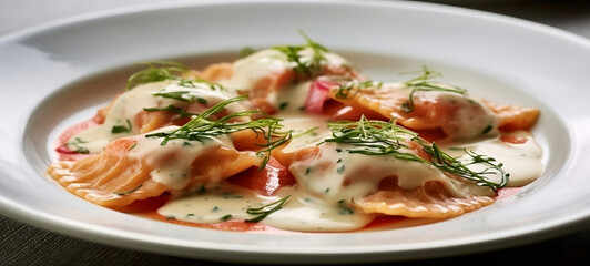 Lobster ravioli with bisque sauce. Generative AI.