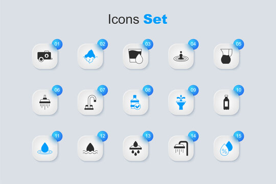 Set Shower, Water tap, Iceberg, drop, percentage, Bottle of water, Mobile tank and Big bottle with clean icon. Vector